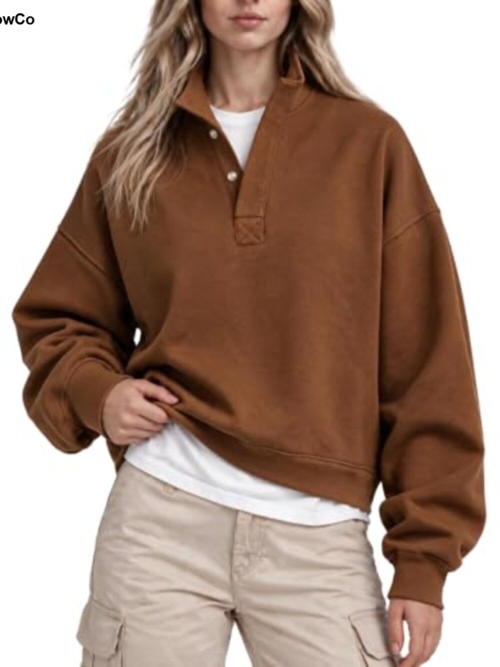Mock Neck Cropped Fleece Sweatshirt Oversized Pullover Snap Button